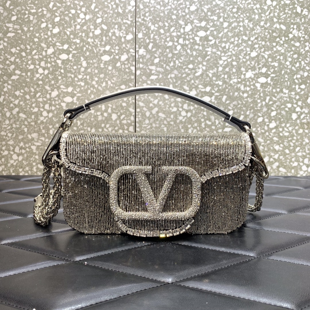 Valentino Garavani Loco Small Shoulder Bag in Grey Embroidered With Leather